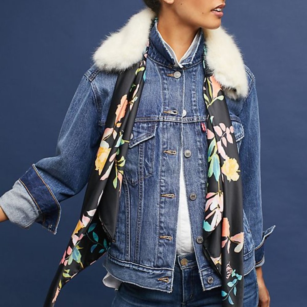 NWT Anthropologie Dark Floral 2in1 Ascot Scarf Collar Fur
